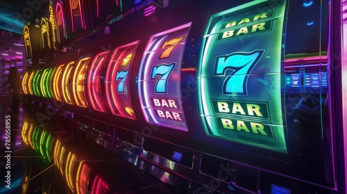 Slot Machine games with a jackpot three seven in a casino. One Handed Bandit Game.