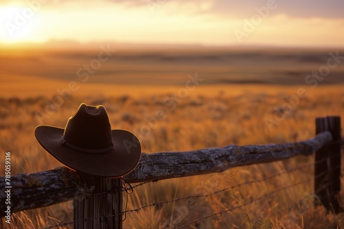 Golden sunset illuminating a cowboy hat on a rustic fence in a tranquil field