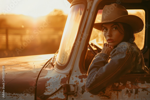 Contemplative cowgirl in vintage truck at sunset, embracing the golden hour photo