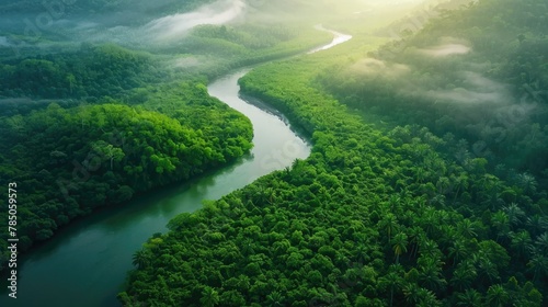 Serpentine River Flowing Through Lush Rainforest Canopy