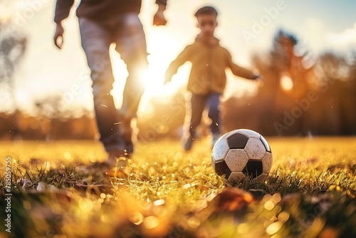 Father and child playing soccer together in a sunlit field. © Larisa