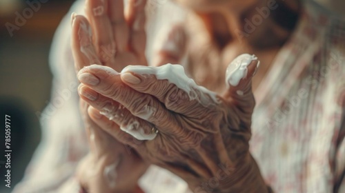Elderly Hands Applying Moisturizing Cream Close-Up photo