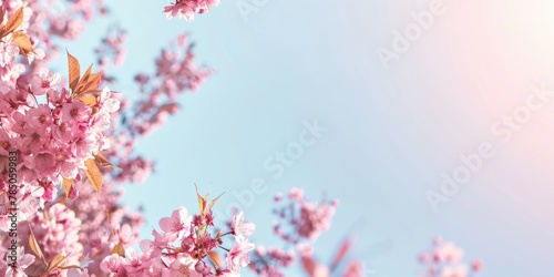 Blossoming Pink Cherry Flowers Against Serene Sky