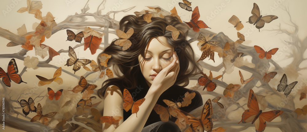Fototapeta premium A contemplative woman immersed in a surreal moment, surrounded by a swirl of delicate butterflies, symbolizing transformation and grace.