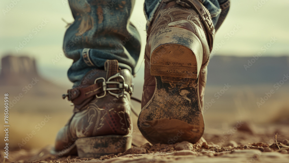 Close-up of weathered cowboy boots in a dusty desert landscape Close-up of weathered cowboy boots in a dusty desert landscape