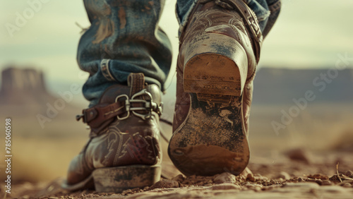 Close-up of weathered cowboy boots in a dusty desert landscape photo
