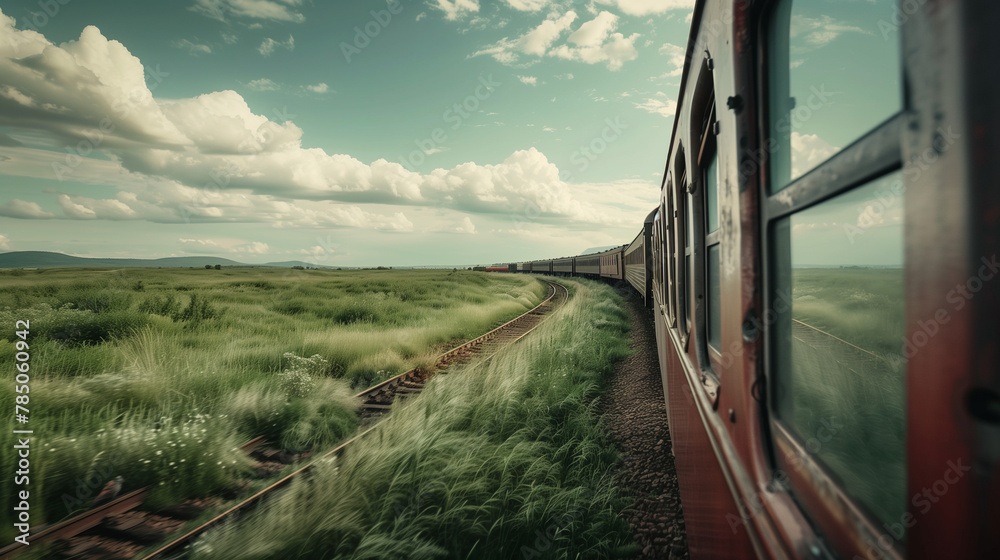 Fototapeta premium the train is going down the railroad tracks