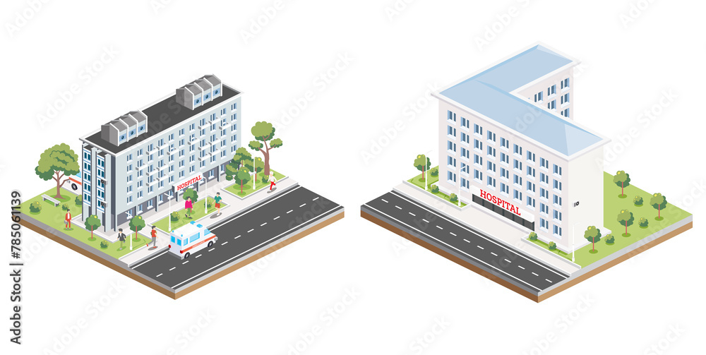 Isometric building of hospital. Icon or infographic element. City clinic. Architectural symbol isolated on white background. Green trees with people. Ambulance on road. Isometric building of hospital. Icon or infographic element. City clinic. Architectural symbol isolated on white background. Green trees with people. Ambulance on road.