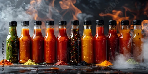 Fototapeta Naklejka Na Ścianę i Meble -  Vibrant Collection of Spicy Hot Sauces Amid Rising Smoke Hinting at Intense Flavors