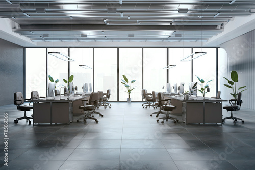 Contemporary coworking office interior with windows and city view  partition  furniture and computers. 3D Rendering.