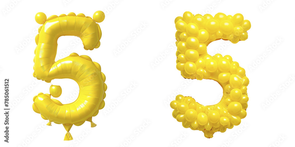 Number 5 Made From Balloon Yellow Color Happy Birthday , Isolated On Transparent, PNG