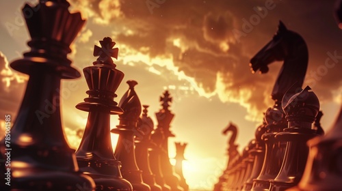 Chess queen leading a charge, low angle, dramatic sunset light, high contrast