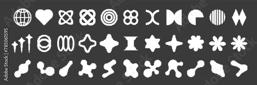 Set of pixelated y2k style shapes. Pixel art abstract figures collection. Retro futuristic elements in 8 bit style