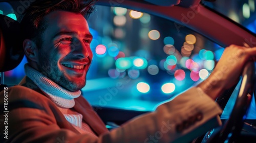A Smiling Man Driving at Night photo