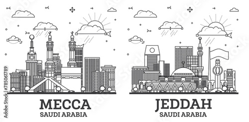 Outline Jeddah and Mecca Saudi Arabia city skyline set with modern and historic buildings isolated on white. Cityscape with landmarks.