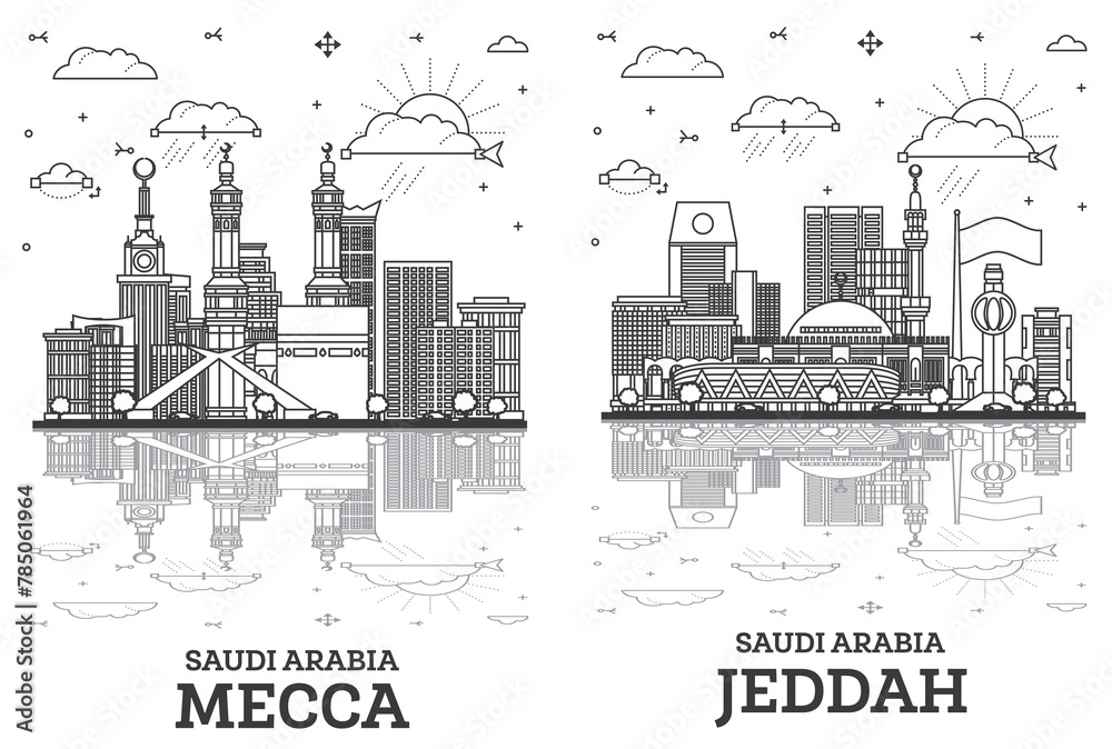 Fototapeta premium Outline Jeddah and Mecca Saudi Arabia city skyline set with modern buildings and reflections isolated on white. Cityscape with landmarks.