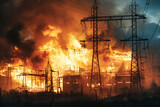 Electrical substation on fire with massive flames and smoke.