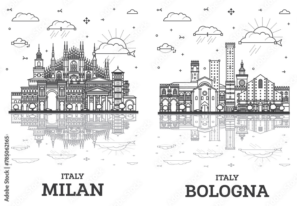 Outline Bologna and Milan Italy City Skyline set with Historic Buildings and Reflections Isolated on White. Cityscape with Landmarks.