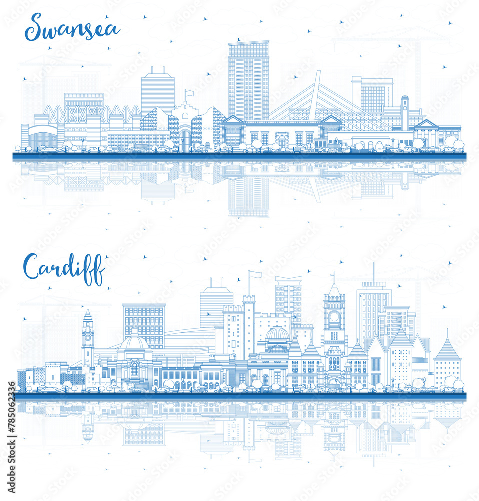 Outline Cardiff and Swansea Wales City Skyline set with Blue Buildings and reflections. Cityscape with Landmarks.