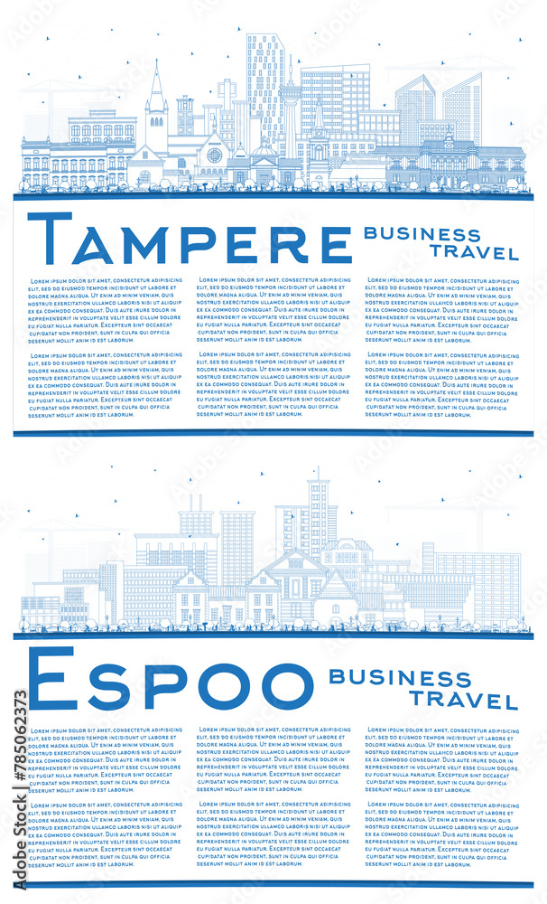 Outline Espoo and Tampere Finland city skyline set with blue buildings and copy space. Cityscape with landmarks.