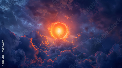 Fiery orange sun pierces indigo clouds against a smoky gray, embodying dawn's energy. photo