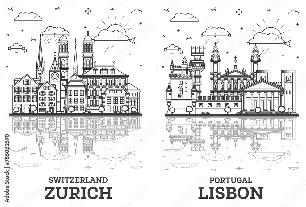 Outline Lisbon Portugal and Zurich Switzerland City Skyline set with Historic Buildings and reflections Isolated on White. Cityscape with Landmarks.