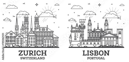 Outline Lisbon Portugal and Zurich Switzerland City Skyline set with Modern and Historic Buildings Isolated on White. Cityscape with Landmarks.