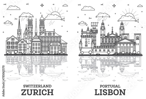 Outline Lisbon Portugal and Zurich Switzerland City Skyline set with Historic Buildings and reflections Isolated on White. Cityscape with Landmarks.