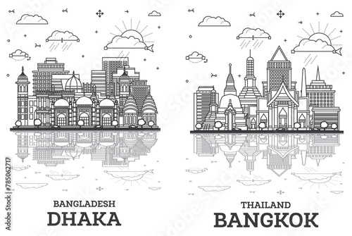 Outline Bangkok Thailand and Dhaka Bangladesh city skyline set with modern buildings and reflections isolated on white. Cityscape with landmarks.