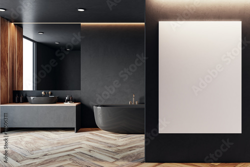 Modern bathroom with black freestanding tub, contrasting wooden accents and blank poster mockup. 3D Rendering
