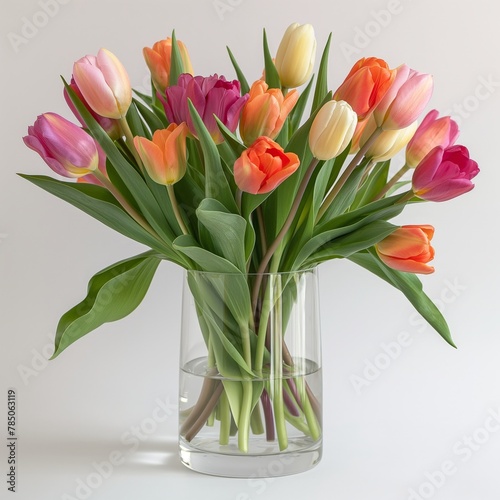Brightly colored tulips in a transparent vase against a neutral background, symbolizing freshness and spring.