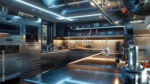 a futuristic kitchen featuring holographic recipe guides and robotic sous chefs
