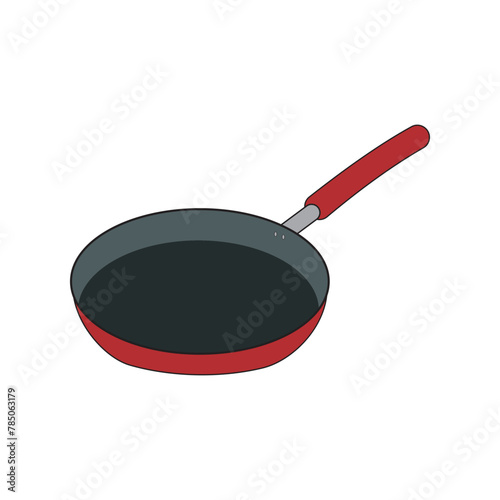 Red frying pan isolated on white background.  Saucepan icon, silhouette. Realistic frying pan icon, vector.  Cooking pan, instrument. Silhouette of frying pan. Vector illustration. 