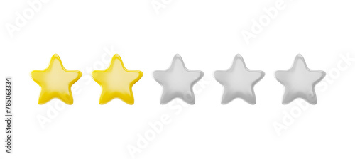 Two star rating 3d realistic style icon, two stars out of five, bad customer review, negative feedback, low level rating