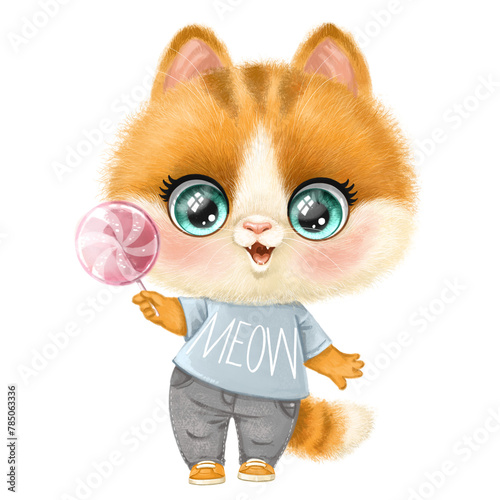 Cute cartoon orange fluffy kitten with lollipop in paw isolated on white background © Azuzl