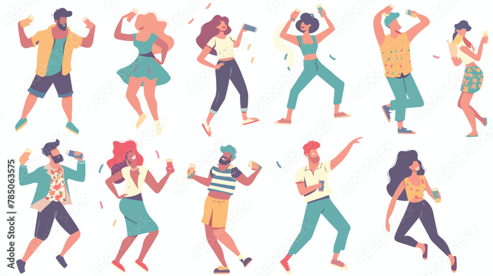 Cheerful men women dancing drinking alcohol drinks hav