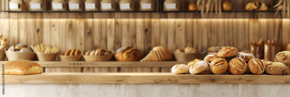 Artisanal bread loaves displayed on wooden counter in a rustic bakery setting with warm lighting Artisanal bread loaves displayed on wooden counter in a rustic bakery setting with warm lighting