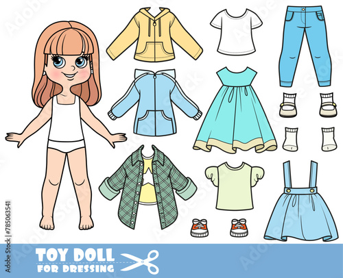 Cute cartoon girl with long straight hair with dressed and clothes separately doll for dressing © Azuzl