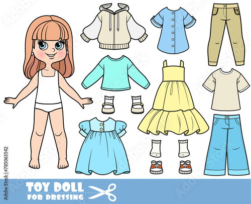 Cartoon girl with long straight hair with dressed and clothes separately doll for dressing © Azuzl