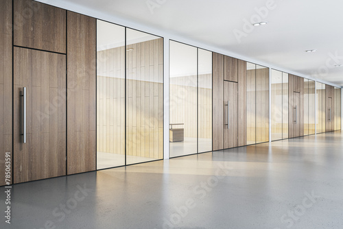 Modern office corridor with wood and glass partitions, empty space concept on a light background, 3D Rendering. 3D Rendering