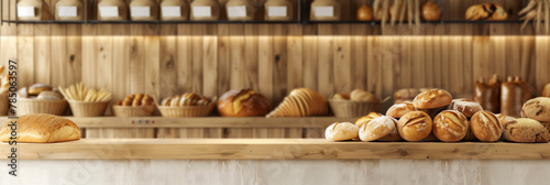 Artisanal bread loaves displayed on wooden counter in a rustic bakery setting with warm lighting