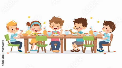 Children having dinner at the kindergarten of home. 