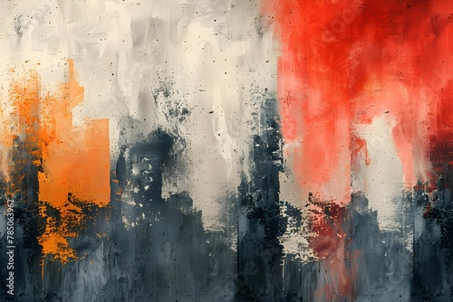 An abstract painting with bold splashes of orange and red on a textured grey background.
