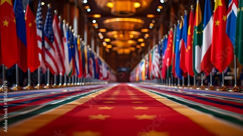 Diplomatic Harmony: Flags Align at Global Summit. Concept Politics, Diplomacy, International Relations, Global Cooperation