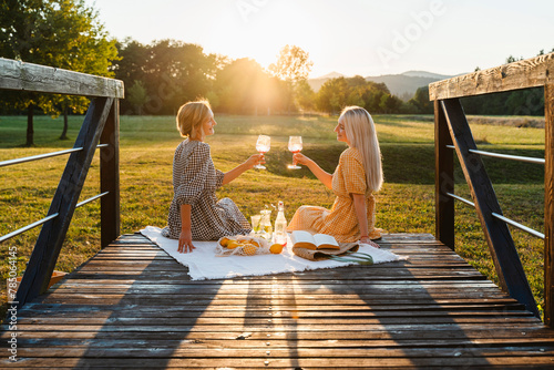 Friends toasting wineglasses sitting in park photo