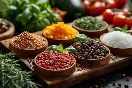 Cooking ingredients, colorful variety of spices, herbs and other ingredients. Fresh produce and spices photo