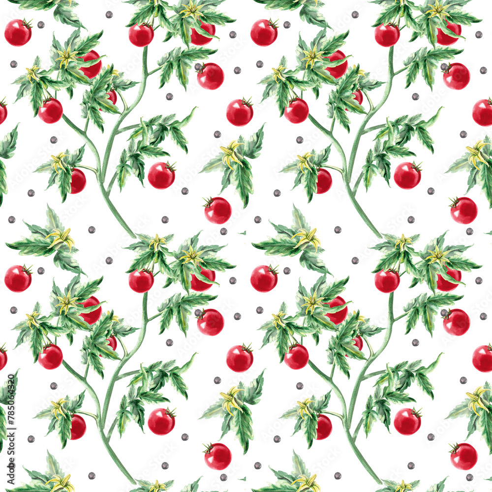 Pattern with tomatoes and flowers in watercolor illustration on a white background. Hand drawn illustration pattern for fabrics, packaging, cookbooks. Pattern with tomatoes and flowers in watercolor illustration on a white background. Hand drawn illustration pattern for fabrics, packaging, cookbooks.