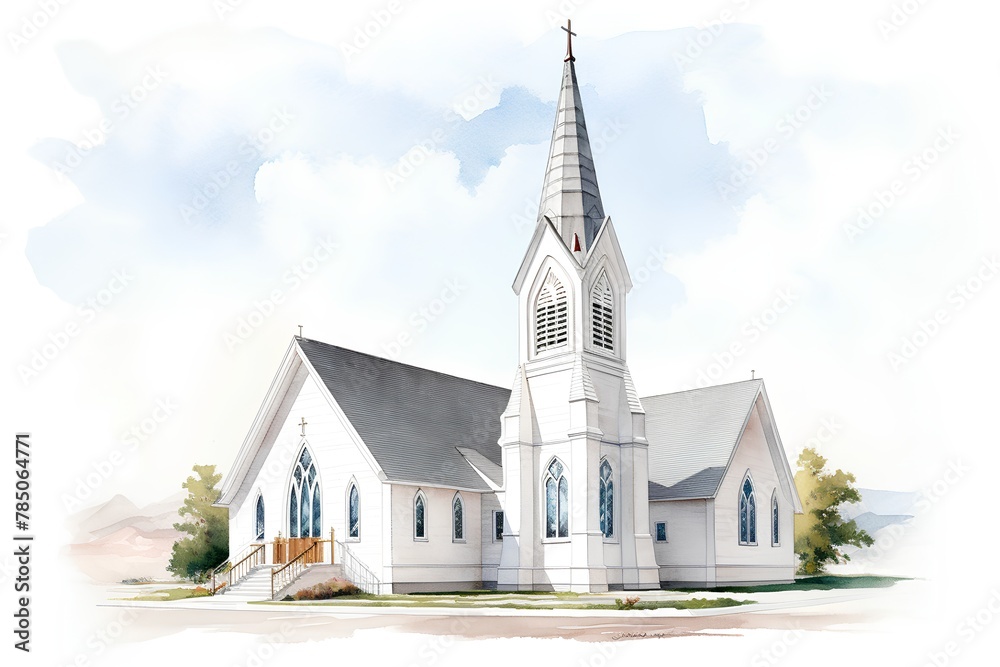 Watercolor illustration of a church in the mountains. Illustration. - obrazy, fototapety, plakaty 