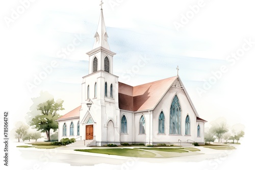 Watercolor illustration of a Catholic church with a green lawn. High quality illustration #785064742