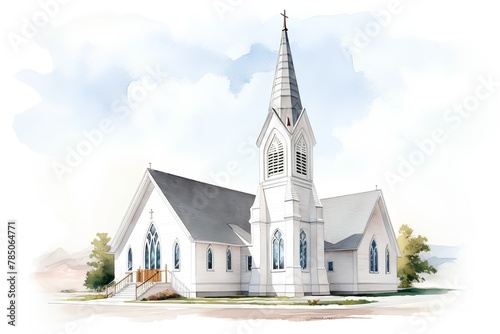 Watercolor illustration of a church in the mountains. Illustration.